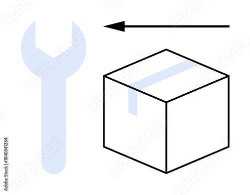 Logistics concept. Logistics visuals with a wrench, box, and directional arrow movement, repair, and distribution. Logistics for shipping, repair services, supply chains warehouse management
