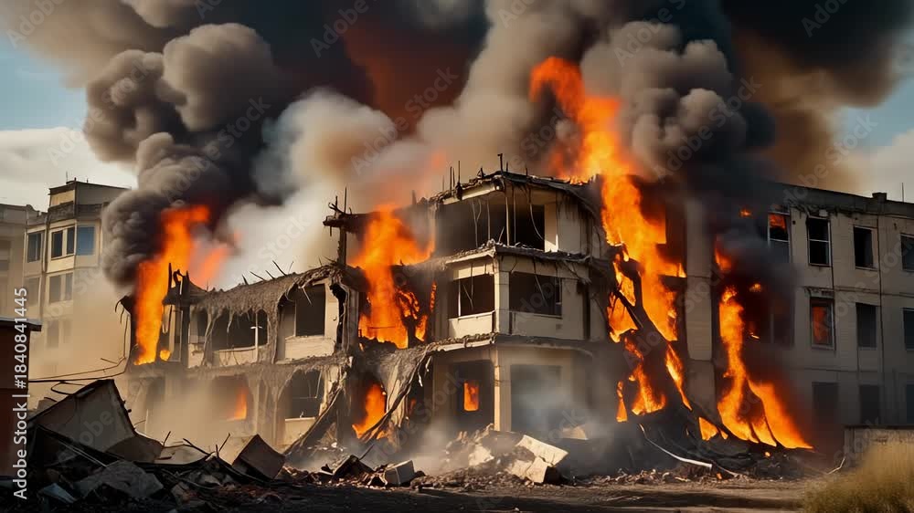 A large building engulfed in massive flames and thick black smoke ...
