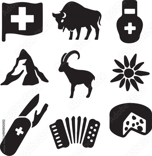 PrintSwiss culture icons featuring flag mountains animals and food