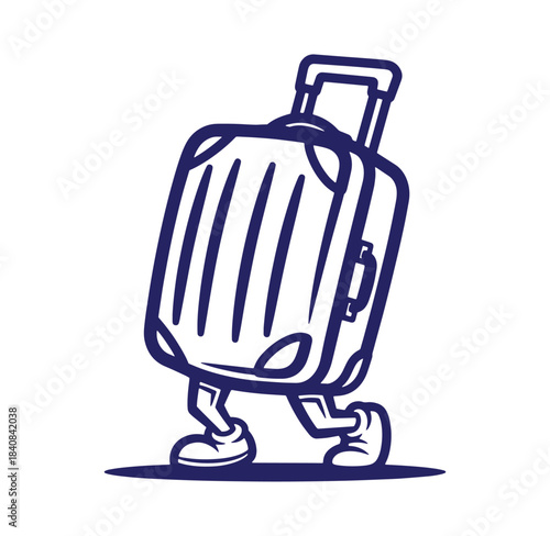 Cartoon luggage character walking with legs representing travel and journey concepts