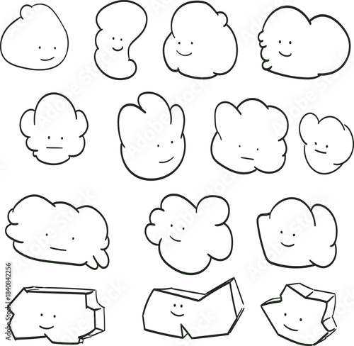 A cluster of clouds or characters with cartoonish faces and chubby figures.