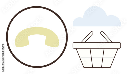 Phone receiver in a circle, shopping basket below a cloud outline. Ideal for e-commerce, online service, support, connectivity, cloud technology, shopping digital commerce. Simple flat metaphor