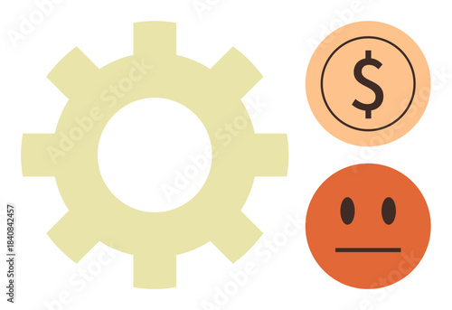 Cogwheel for process, dollar coin for financial focus, and neutral face symbolizing emotion interplay. Ideal for economics, workflow, industry, productivity, business strategy, finance simple flat