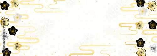 金銀の梅の花と日本のいろいろな伝統模様を組み合わせた華やかな背景イラスト