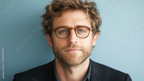 Businessman portrait, neutral expression,  light blue background. Possible use Business, professional, headshot