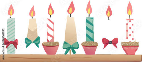 Vector illustration of burning birthday candles on a white background for a holiday celebration or Christmas decoration