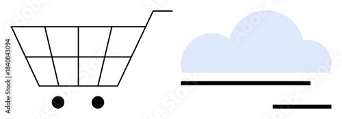 E-commerce, cloud storage, online shopping, digital transactions, retail technology, cloud services. Minimalist shopping cart and cloud icons. E-commerce and cloud storage concepts