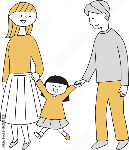 手を繋いで歩く親子単色