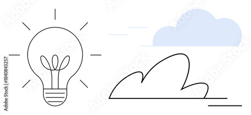 Innovation, creativity, idea generation, abstract design, concept development, minimalist design. A simple line drawing of a light bulb and cloud. Innovation and creativity illustrated