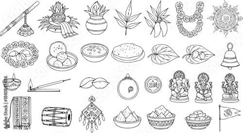 Black and White Line Art Icons Set of Hindu Puja Ritual Items, Deities, Sweets, and Traditional Indian Festival Elements. Cultural Symbols for Religious Ceremonies and Celebrations.