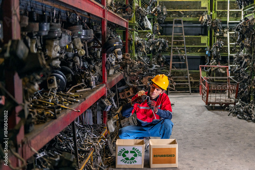 Refurbishing recycling auto parts worker labor in sustainable repair industry Worker sorting used mechanical components for reuse. technician assessment inspection secondhand recycled materials