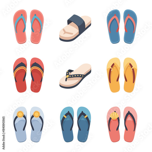 Flat icon set of colorful flip-flops and casual sandals