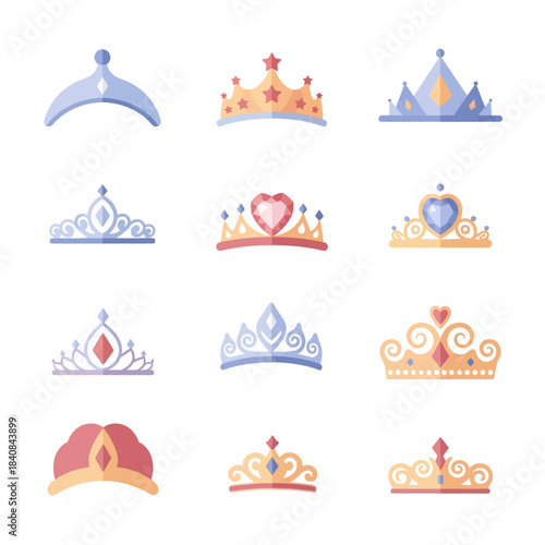 Princess Crown and Tiara Icons Decorated with Jewel Elements for Royal and Elegant Graphics