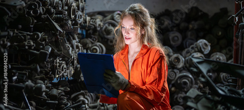 Photos female worker checklist recycling auto parts in sustainable repair industry Worker sorting used mechanical components for reuse