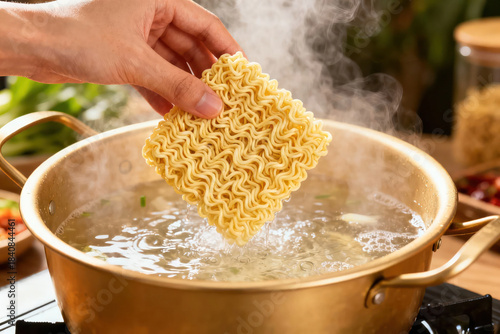 Hand Placing Instant Ramen Noodles in Boiling Water Pot