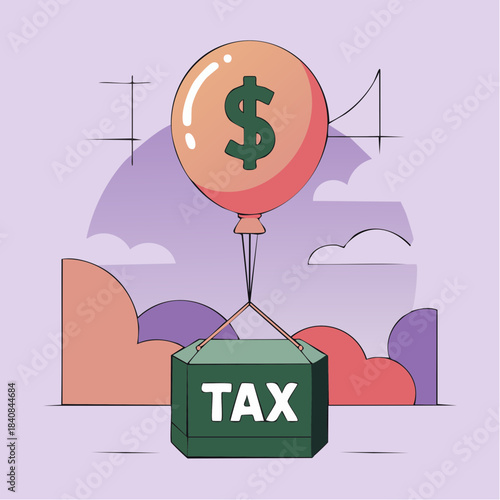 red balloon lifting tax box with dollar sign in stylized scene of financial tension and economic symbolism
