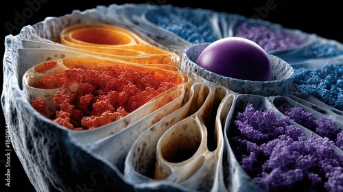 A colorful cell with a purple ball in the center