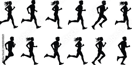 Silhouettes of diverse men and women running, marathon runners, joggers, and athletes in various action poses, black vector illustration, isolated on white background.