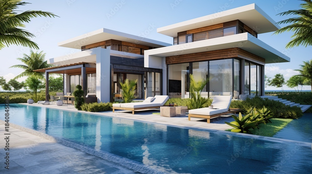 Fototapeta premium A modern luxury villa with a large swimming pool and lounge chairs, surrounded by tropical greenery