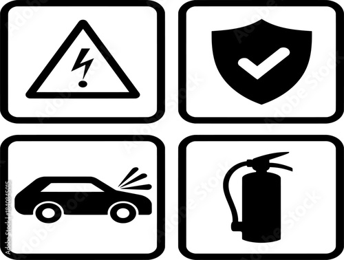 Essential safety and warning icon collection. Features electrical hazard, security shield, vehicle breakdown, and fire extinguisher for immediate recognition in critical situations