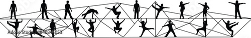 Silhouettes of People in Dynamic Yoga and Exercise Poses, Geometric Fitness Concept Vector Illustration, Men and Women Exercising on Abstract Structure for Training