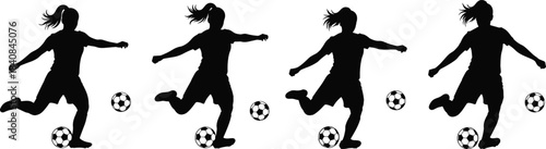 Silhouettes of female soccer players kicking the ball, four women's football action poses showing different stages of the kick, black vector illustration, isolated on white background.