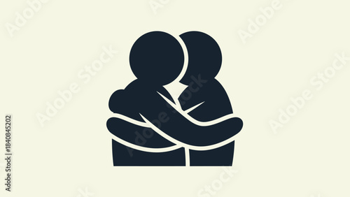Two dark silhouettes of people embracing each other, symbolizing comfort, support, and friendship on a light background.
