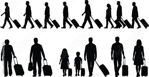 Silhouettes of People Walking and Standing with Rolling Luggage, Travelers with Suitcases Vector Set, Airport, Vacation, and Business Trip Concept Illustration
