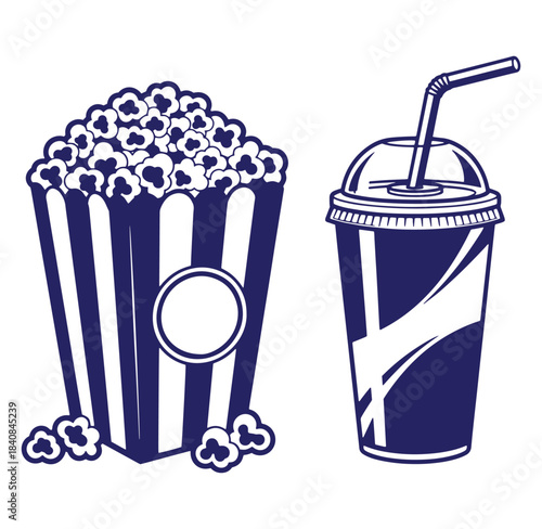 Classic cinema snacks illustration with popcorn and soda cup in a retro style