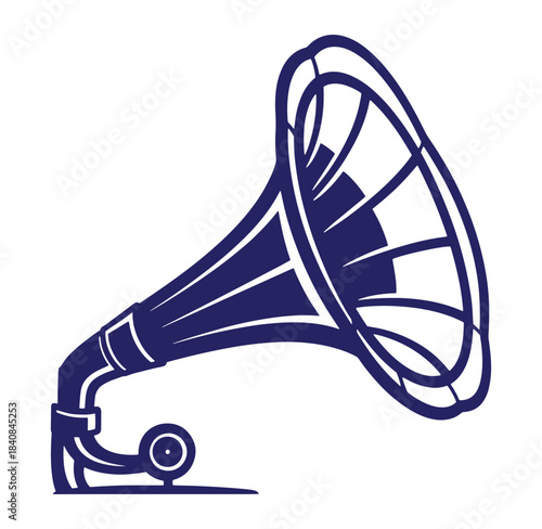 Classic dark blue gramophone illustration against a clean white background simple vector design