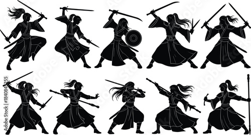 Silhouettes of Woman Life Stages and Aging Process, Female Development Vector Illustration, From Baby to Toddler, Child, Adult, and Senior Citizen with Cane