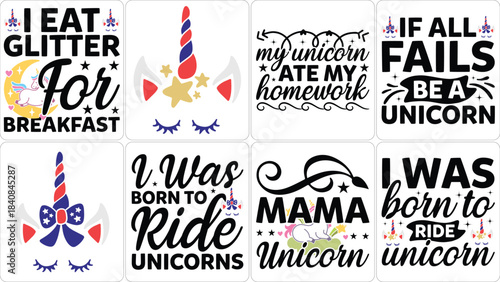 Whimsical Unicorn Quotes SVG Bundle for Girls and Kids. Cute fantasy designs with glitter, homework, and patriotic themes for print on demand.