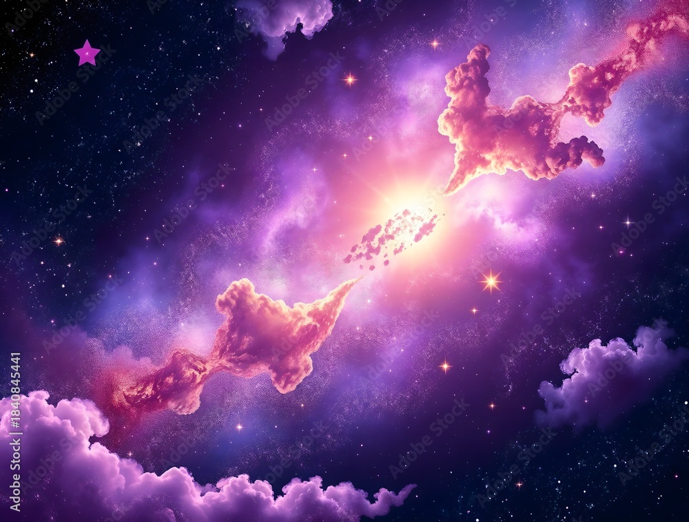Obraz premium Stylized and cozy space background with a realistic nebula that shimmers in hues of purple and blue, and shining stars