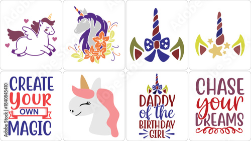 Cute Unicorn Designs Bundle - Magical Creatures, Birthday Girl Themes, and Inspirational Quotes Vector Collection for Kids and Celebrations