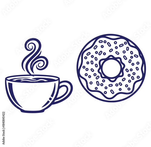 Delicious coffee cup with hot steam and sprinkled donut design concept vector