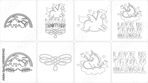 Coloring pages set with whimsical unicorns, flying pegasus, mountains, rainbow, decorative elements, and text 'Love is Truly Magical', 'Little Brother'. Black and white line art for kids activity.