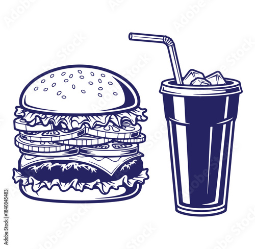 Delicious hand drawn burger and soda drink combo isolated on a white background