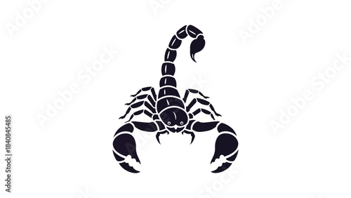 A stylized black scorpion illustration with its tail curled upwards and pincers open, set against a white background.