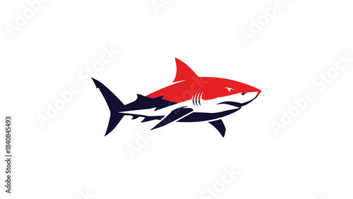 A stylized red and dark blue shark with a fierce expression, swimming horizontally on a white background.
