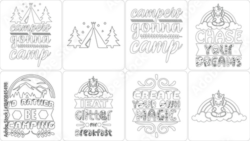 Set of 8 Coloring Pages for Kids and Adults: Camping Adventures, Cute Unicorns, Nature Scenes, and Inspirational Quote Line Art