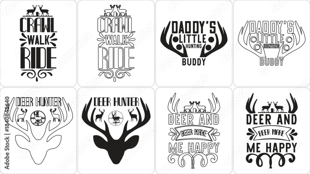 Fototapeta premium Deer Hunting & Beer Slogans Vector Set: Outdoor Lifestyle Graphics for Apparel, Crafts. Features 