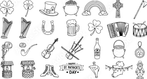 St. Patrick's Day Symbols Vector Set. Hand-Drawn Black Line Art Icons of Irish Culture: Leprechaun, Shamrock, Harp, Bagpipes, Stout, and Pot of Gold Collection.