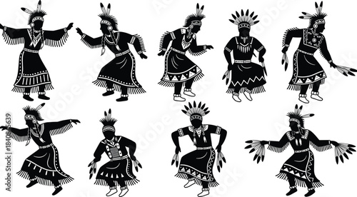 Traditional Native American Dancers in Ceremonial Dress Silhouettes, Indigenous People Dancing Vector Illustration Set, Feather Headdress and Fringe Clothing Culture