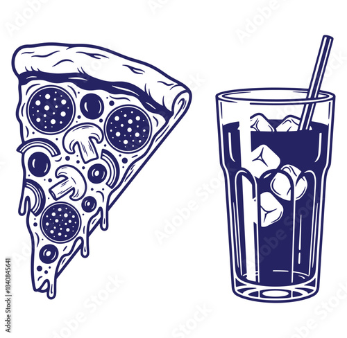 Delicious slice of pizza with pepperoni and mushrooms accompanied by a refreshing glass of cola