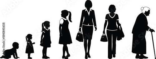 Woman life cycle stages vector illustration, from baby, child, teen, and adult to elderly grandmother, growth and aging process, silhouette human development.