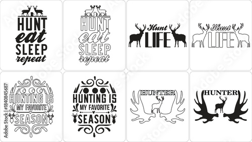 Hunting Season Deer Antlers Design Collection. Vector graphic silhouettes and outline illustrations for hunter lifestyle, outdoor adventure, and apparel.