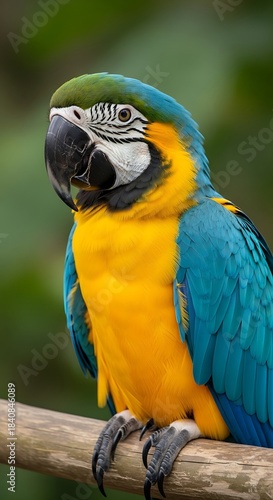 Close-up of a vibrant blue and yellow macaw perched on a wooden branch, showcasing detailed plumage and a striking profile.