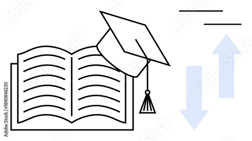 Open book with a graduation cap on top, blue arrows indicating movement. Ideal for education, learning, academic growth, knowledge sharing, career advancement, study materials, intellectual progress