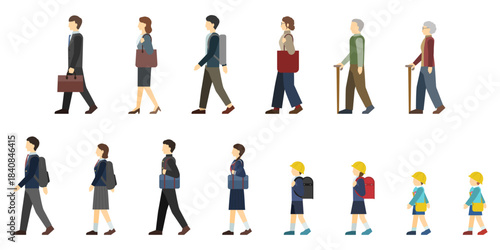 フラットイラスト：様々な年代の歩く人々(サイド)