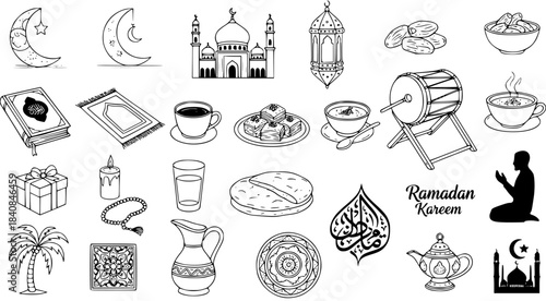 Ramadan Kareem Islamic Symbols and Objects - Mosque, Moon, Quran, Dates, Prayer, Drum, Lantern, Food, Gifts, Line Art Vector